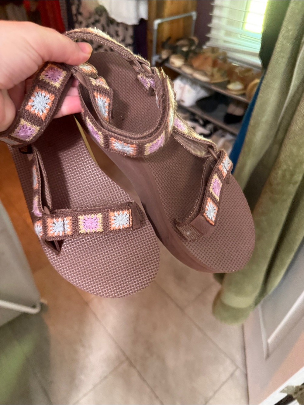 Teva Brown Sandals with Pink, White & Light Blue Crochet Accents - Picture 6 of 6